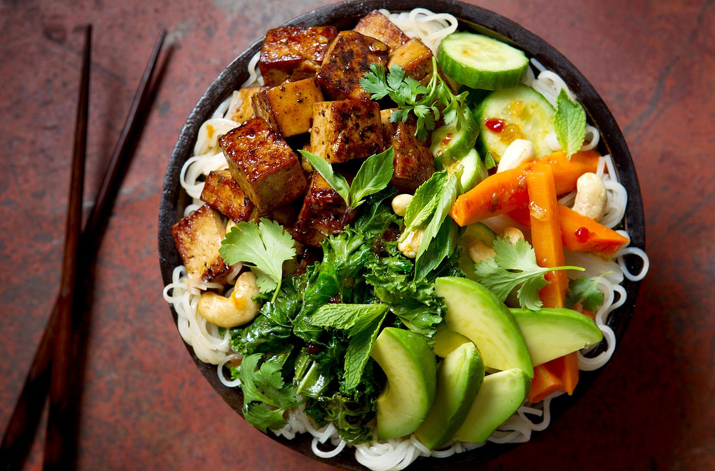Lemongrass Tofu Rice Noodle Bowl with Avocado & Pickled Vegetables
