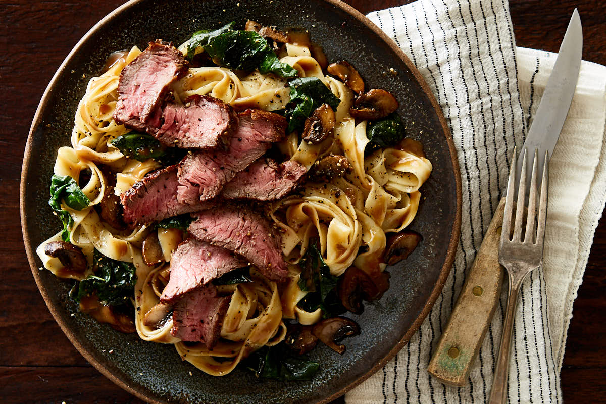 Tuscan Sirloin Steak with Mushrooms & Fettuccine in Three Peppercorn Sauce