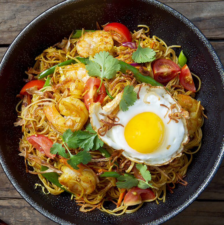 Singapore Street Noodles with Shrimp and Sunny-Side-Up Egg