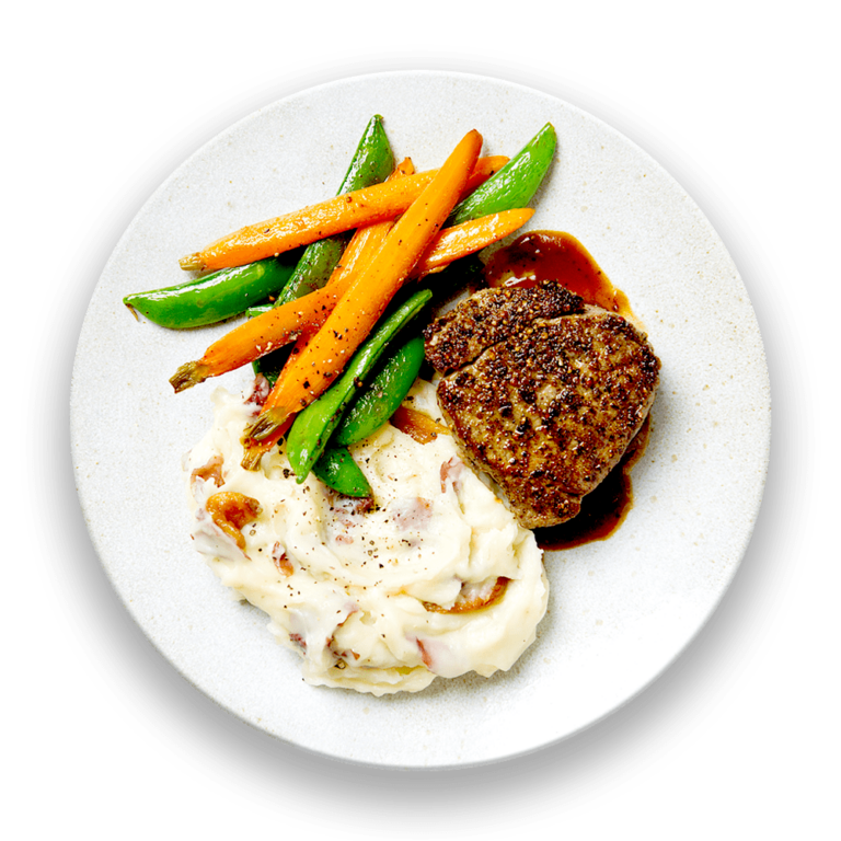 Filet Mignon au Poivre with Demi-Glace & Roasted Garlic Mashed Potatoes