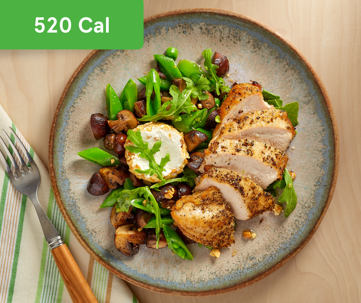 Seared Chicken with Sugar Snap Peas and Mushrooms with Sherry Vinaigrette, Goat Cheese & Hazelnuts