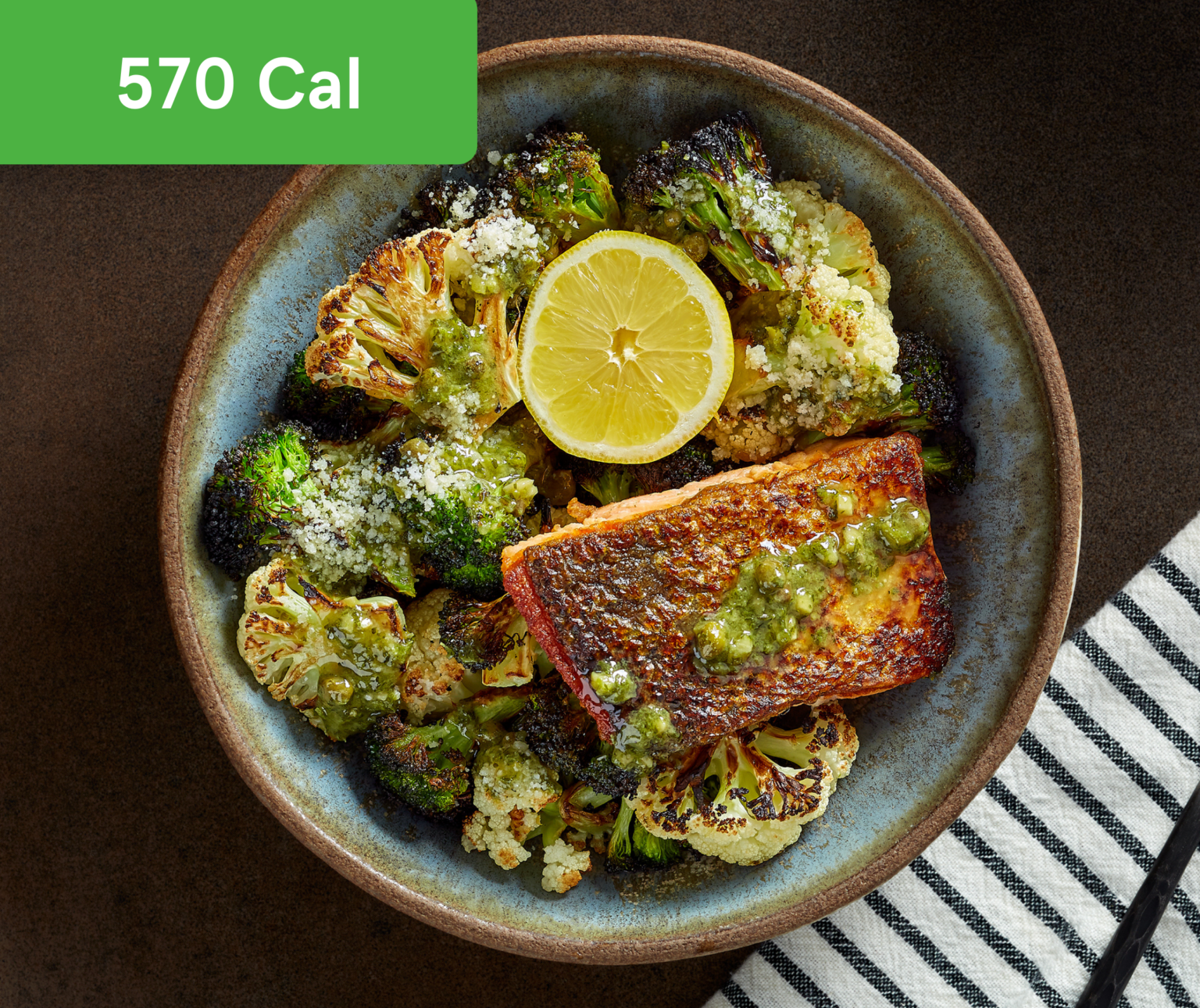 Seared Salmon, Roasted Broccoli, & Cauliflower with Italian Salsa Verde