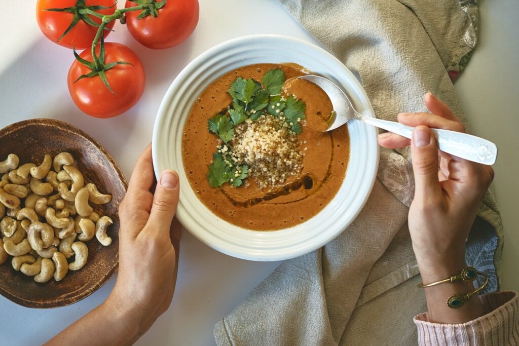 Tomato soup in a white bowl