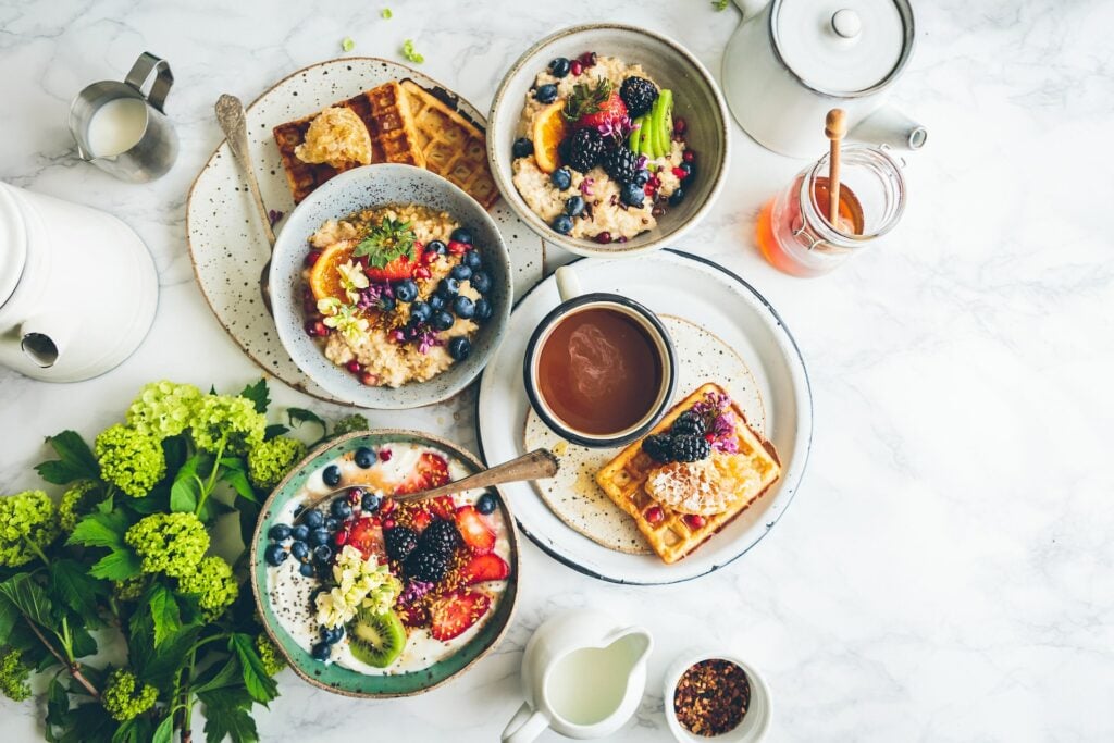 breakfast spread in grey bowls