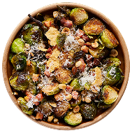 Plated Roasted Brussels Sprouts with Pancetta, Balsamic, & Pecorino