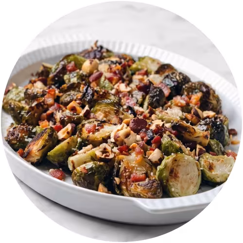 Roasted Brussels sprouts with pancetta, balsamic and Romano