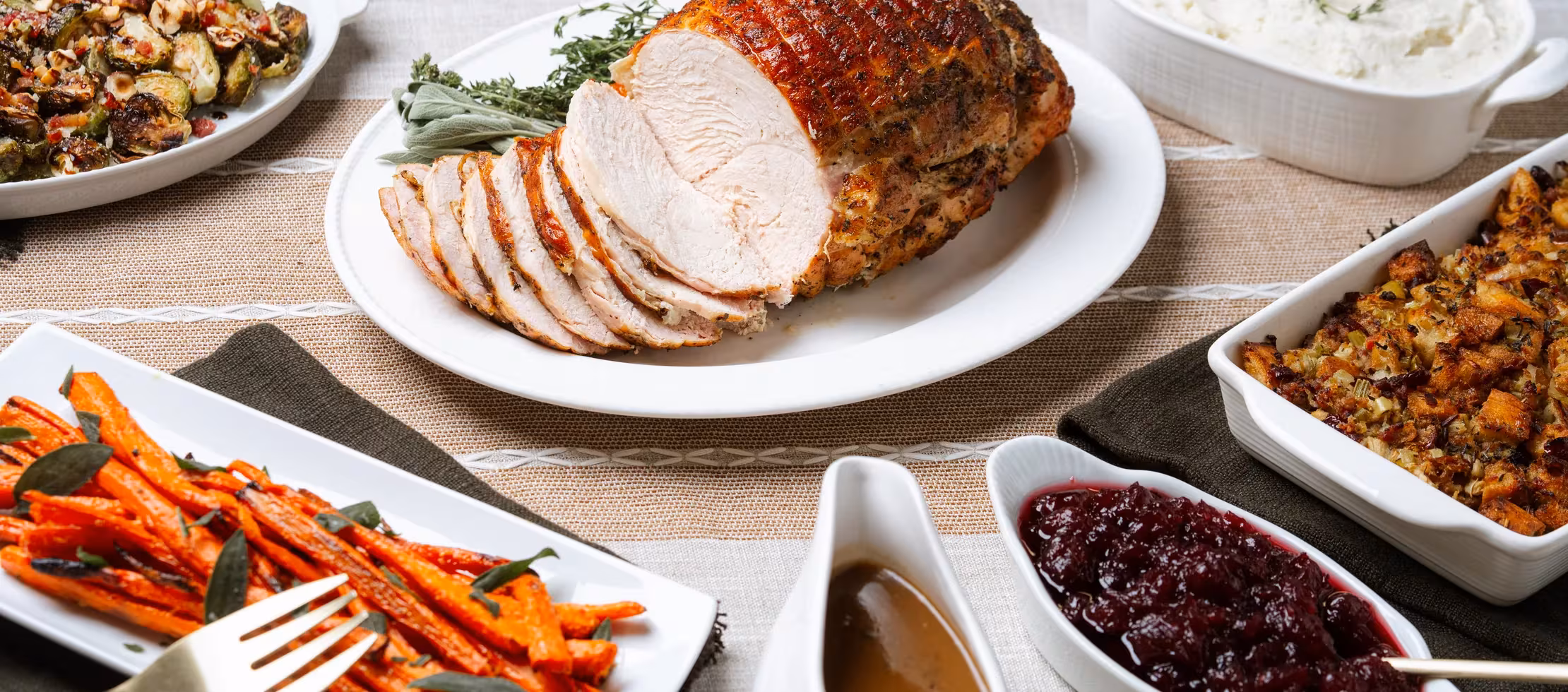 Thanksgiving turkey roast with carrots, Brussels sprouts and stuffing